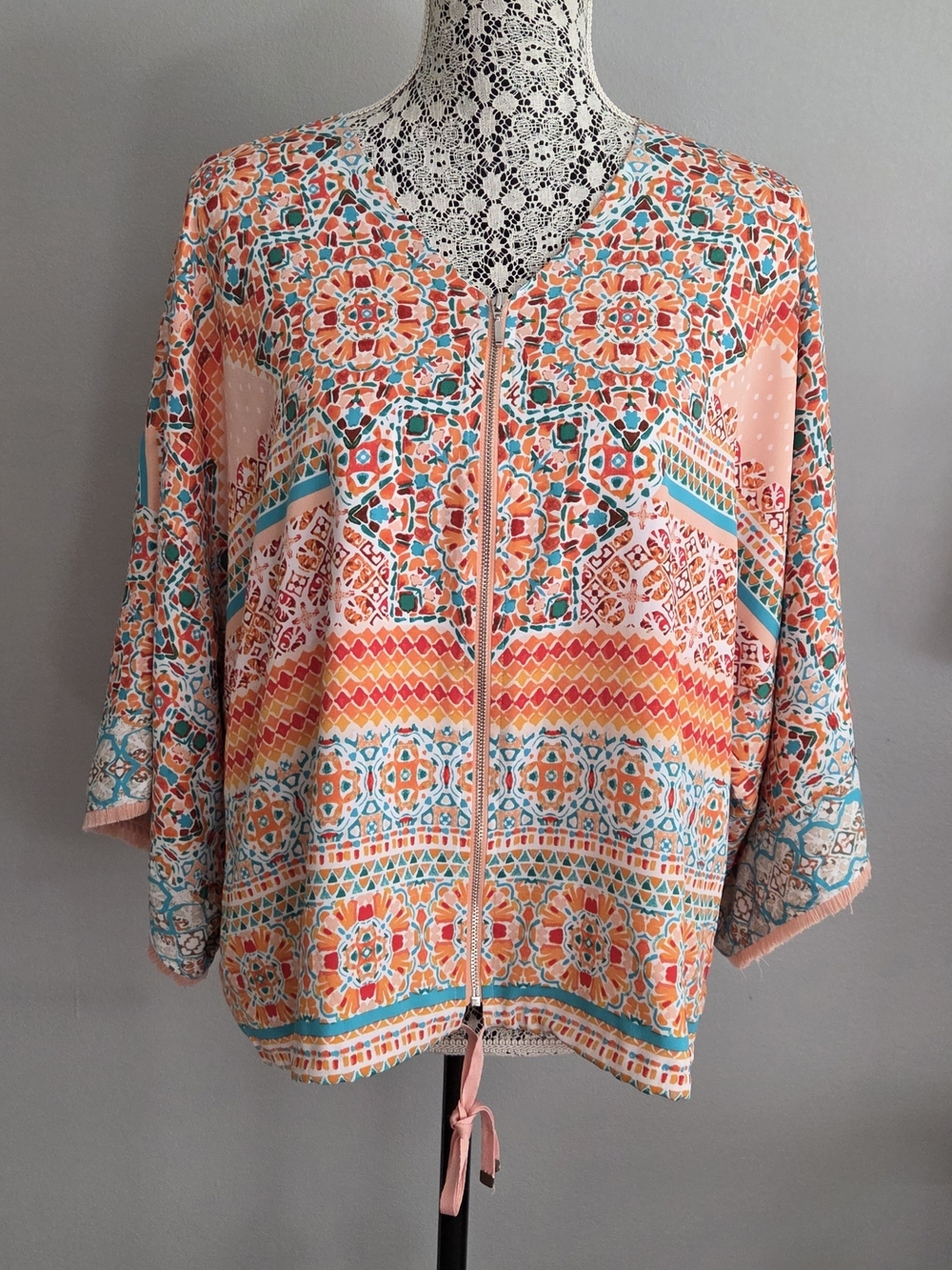 Chico's Coral & Teal Zip-Front Mosaic Tunic